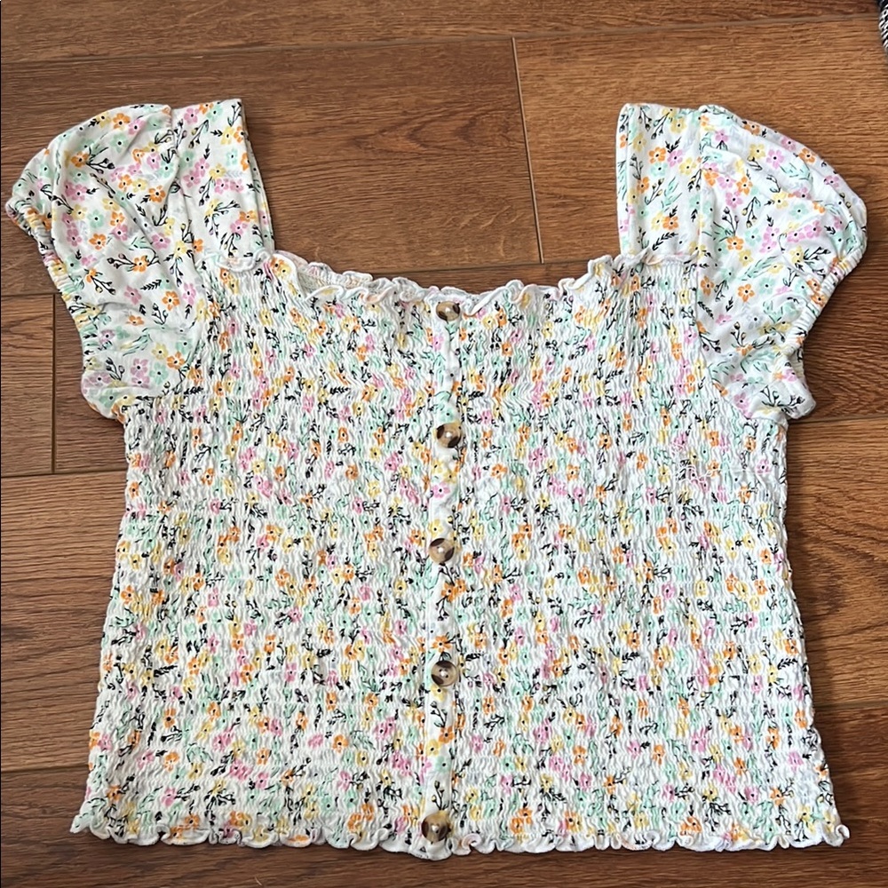 Floral Smocked Puff Sleeve Crop Top - White Multi